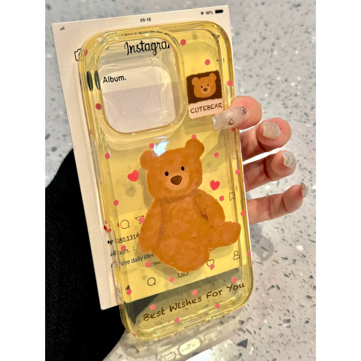 Translucent yellow Barcelona bear phone case for 16 Pro Max