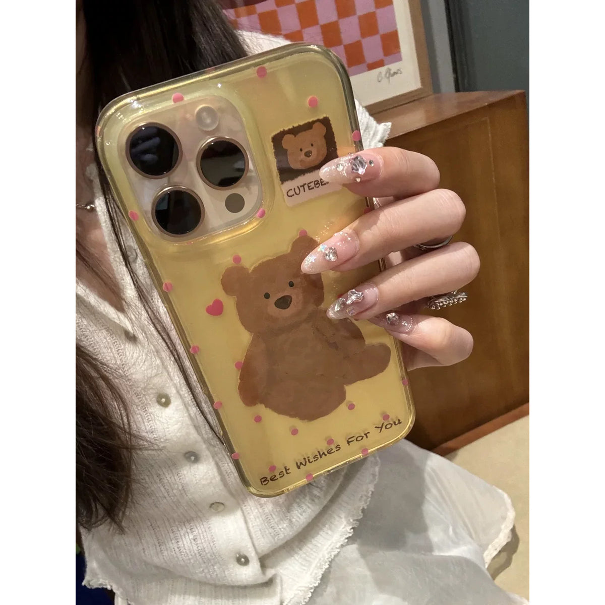 Translucent yellow Barcelona bear phone case for 16 Pro Max